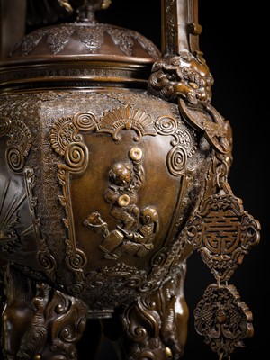 Lot 3 - HAYASHI HARUSADA: A MONUMENTAL (177 CM) PARCEL-GILT BRONZE ‘AUSPICIOUS ANIMALS’ EXHIBITION KORO (INCENSE BURNER)