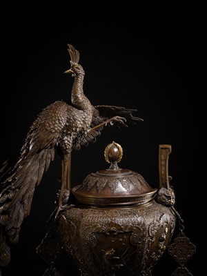 Lot 3 - HAYASHI HARUSADA: A MONUMENTAL (177 CM) PARCEL-GILT BRONZE ‘AUSPICIOUS ANIMALS’ EXHIBITION KORO (INCENSE BURNER)