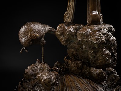 Lot 3 - HAYASHI HARUSADA: A MONUMENTAL (177 CM) PARCEL-GILT BRONZE ‘AUSPICIOUS ANIMALS’ EXHIBITION KORO (INCENSE BURNER)
