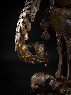 Lot 3 - HAYASHI HARUSADA: A MONUMENTAL (177 CM) PARCEL-GILT BRONZE ‘AUSPICIOUS ANIMALS’ EXHIBITION KORO (INCENSE BURNER)