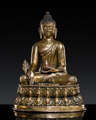 Lot 67 - A GILT COPPER-ALLOY FIGURE OF THE MEDICINE BUDDHA, BHAISHAJYAGURU, TIBET, 19TH CENTURY