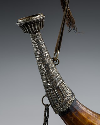Lot 12 - A METAL REPOUSSÉ MOUNTED HORN FLASK, 19TH-EARLY 20TH CENTURY