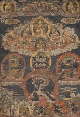 Lot 89 - A RARE THANGKA OF TSONGKHAPA AND VAJRABHAIRAVA, TIBET, 18TH CENTURY