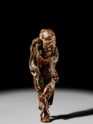 Lot 100 - A POWERFUL SAISHIKI NETSUKE OF TEKKAI SENNIN, STYLE OF YOSHIMURA SHUZAN