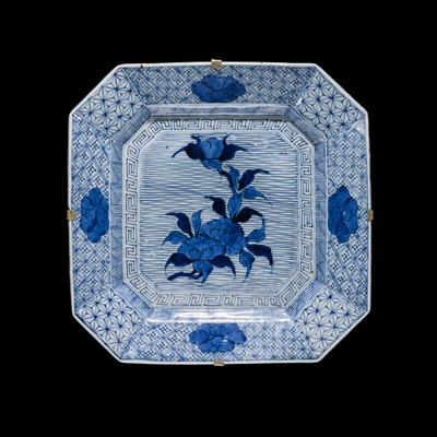 Lot 296 - A BLUE AND WHITE IMARI DISH WITH PEONY BLOSSOMS, MEIJI PERIOD