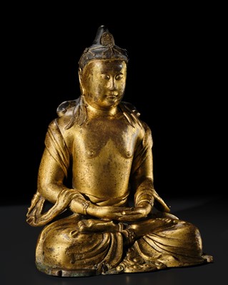 Lot 128 - A RARE GILT COPPER ALLOY FIGURE OF AMITAYUS, MING DYNASTY