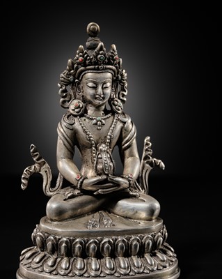 Lot 55 - A RARE SILVER FIGURE OF AMITAYUS, TIBET, 17TH-18TH CENTURY