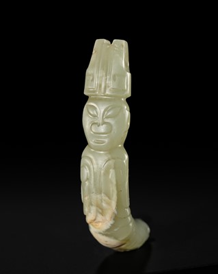 Lot 202 - A RARE CELADON JADE ‘CROWNED FIGURE’ PENDANT, LATE SHANG-WESTERN ZHOU DYNASTY