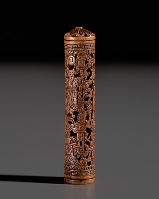 Lot 173 - A SMALL CARVED AND RETICULATED BOXWOOD ‘XIWANGMU AND THE EIGHT IMMORTALS’ PARFUMIER, QING DYNASTY