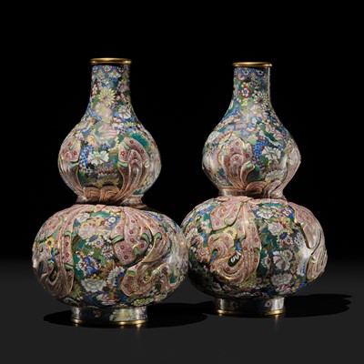 Lot 163 - A PAIR OF GILT BRONZE AND CLOISONNÉ ENAMEL ‘SASH-TIED DOUBLE GOURD’ VASES