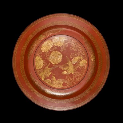 Lot 178 - A ‘QIANGJIN’ ENGRAVED AND GILT-DECORATED RED LACQUER DISH WITH SPARROWS AND CHRYSANTHEMUMS, RYUKYU ISLANDS, 18TH CENTURY