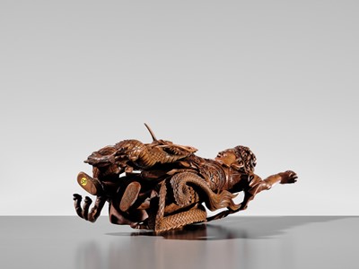 Lot 183 - ROKKADO: A SUPERB AND LARGE WOOD OKIMONO OF RYUJIN AND DRAGON