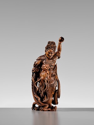 Lot 183 - ROKKADO: A SUPERB AND LARGE WOOD OKIMONO OF RYUJIN AND DRAGON