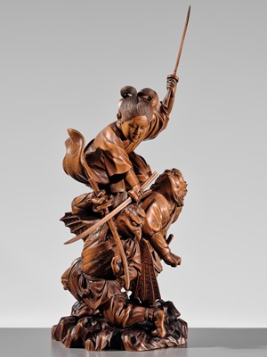 Lot 184 - HIKATA SESSHU: AN EXCEPTIONAL AND LARGE CARVED WOOD ‘MINAMOTO NO YOSHITSUNE TRAINING WITH THE TENGU’ OKIMONO