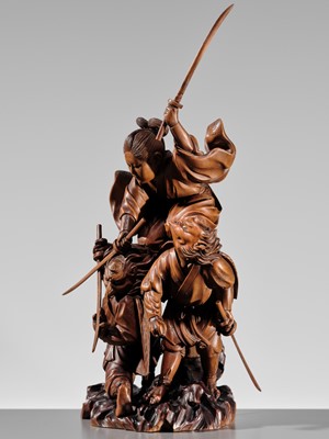Lot 184 - HIKATA SESSHU: AN EXCEPTIONAL AND LARGE CARVED WOOD ‘MINAMOTO NO YOSHITSUNE TRAINING WITH THE TENGU’ OKIMONO