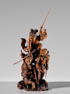 Lot 184 - HIKATA SESSHU: AN EXCEPTIONAL AND LARGE CARVED WOOD ‘MINAMOTO NO YOSHITSUNE TRAINING WITH THE TENGU’ OKIMONO