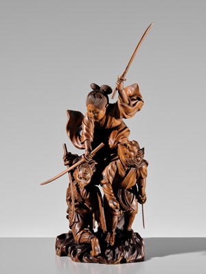 Lot 184 - HIKATA SESSHU: AN EXCEPTIONAL AND LARGE CARVED WOOD ‘MINAMOTO NO YOSHITSUNE TRAINING WITH THE TENGU’ OKIMONO