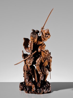 Lot 184 - HIKATA SESSHU: AN EXCEPTIONAL AND LARGE CARVED WOOD ‘MINAMOTO NO YOSHITSUNE TRAINING WITH THE TENGU’ OKIMONO