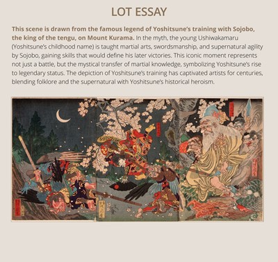 Lot 184 - HIKATA SESSHU: AN EXCEPTIONAL AND LARGE CARVED WOOD ‘MINAMOTO NO YOSHITSUNE TRAINING WITH THE TENGU’ OKIMONO