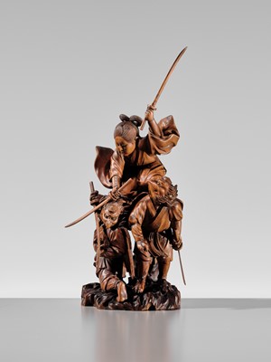 Lot 184 - HIKATA SESSHU: AN EXCEPTIONAL AND LARGE CARVED WOOD ‘MINAMOTO NO YOSHITSUNE TRAINING WITH THE TENGU’ OKIMONO