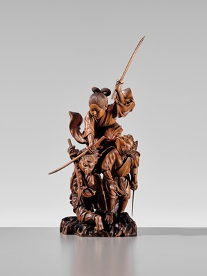 Lot 184 - HIKATA SESSHU: AN EXCEPTIONAL AND LARGE CARVED WOOD ‘MINAMOTO NO YOSHITSUNE TRAINING WITH THE TENGU’ OKIMONO