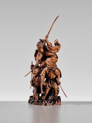 Lot 184 - HIKATA SESSHU: AN EXCEPTIONAL AND LARGE CARVED WOOD ‘MINAMOTO NO YOSHITSUNE TRAINING WITH THE TENGU’ OKIMONO