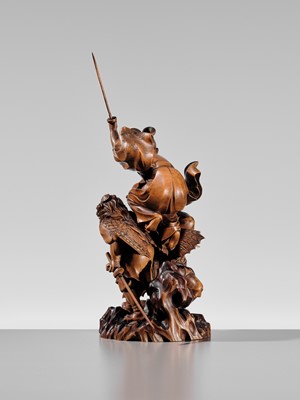 Lot 184 - HIKATA SESSHU: AN EXCEPTIONAL AND LARGE CARVED WOOD ‘MINAMOTO NO YOSHITSUNE TRAINING WITH THE TENGU’ OKIMONO