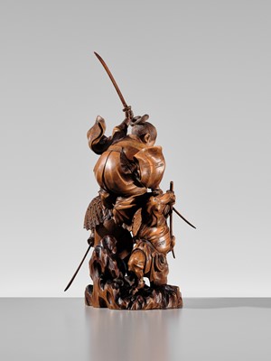Lot 184 - HIKATA SESSHU: AN EXCEPTIONAL AND LARGE CARVED WOOD ‘MINAMOTO NO YOSHITSUNE TRAINING WITH THE TENGU’ OKIMONO