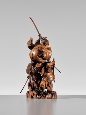 Lot 184 - HIKATA SESSHU: AN EXCEPTIONAL AND LARGE CARVED WOOD ‘MINAMOTO NO YOSHITSUNE TRAINING WITH THE TENGU’ OKIMONO