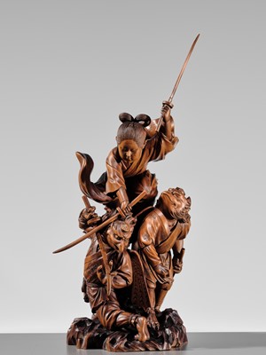 Lot 184 - HIKATA SESSHU: AN EXCEPTIONAL AND LARGE CARVED WOOD ‘MINAMOTO NO YOSHITSUNE TRAINING WITH THE TENGU’ OKIMONO