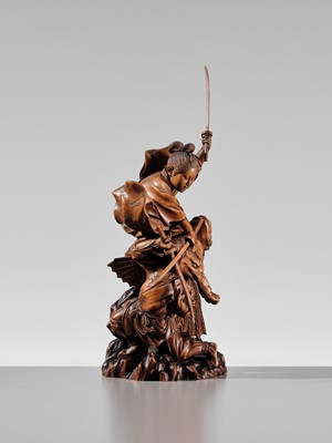Lot 184 - HIKATA SESSHU: AN EXCEPTIONAL AND LARGE CARVED WOOD ‘MINAMOTO NO YOSHITSUNE TRAINING WITH THE TENGU’ OKIMONO