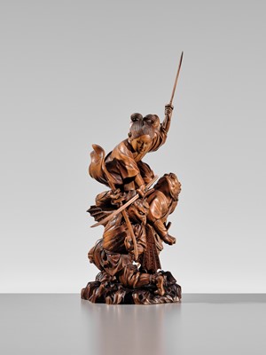 Lot 184 - HIKATA SESSHU: AN EXCEPTIONAL AND LARGE CARVED WOOD ‘MINAMOTO NO YOSHITSUNE TRAINING WITH THE TENGU’ OKIMONO