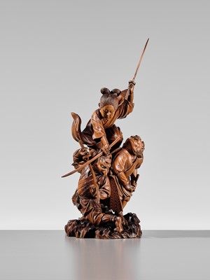 Lot 184 - HIKATA SESSHU: AN EXCEPTIONAL AND LARGE CARVED WOOD ‘MINAMOTO NO YOSHITSUNE TRAINING WITH THE TENGU’ OKIMONO