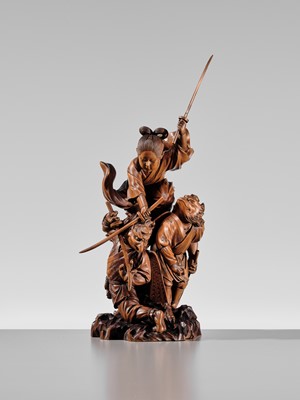 Lot 184 - HIKATA SESSHU: AN EXCEPTIONAL AND LARGE CARVED WOOD ‘MINAMOTO NO YOSHITSUNE TRAINING WITH THE TENGU’ OKIMONO