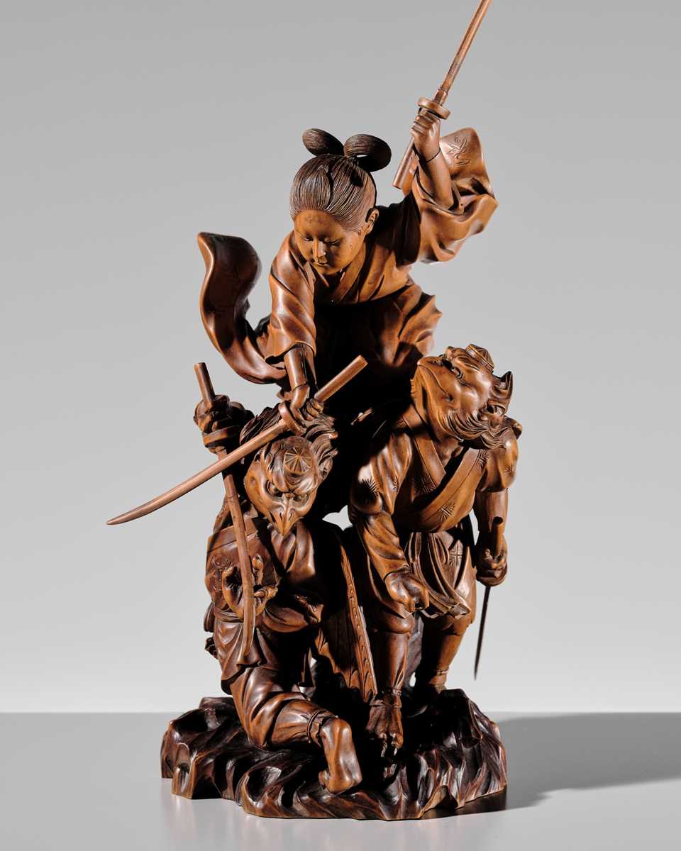 Lot 184 - HIKATA SESSHU: AN EXCEPTIONAL AND LARGE CARVED WOOD ‘MINAMOTO NO YOSHITSUNE TRAINING WITH THE TENGU’ OKIMONO