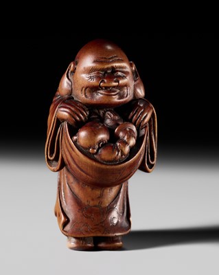 A FINE OSAKA SCHOOL WOOD NETSUKE OF HOTEI AND A KARAKO, ATTRIBUTED TO MASAKAZU