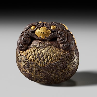 A RARE GILT-IRON AND ANTLER RYUSA MANJU NETSUKE OF A MOKUGYO, ATTRIBUTED TO TOKOKU
