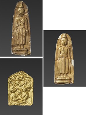 Lot 1315 - THREE GOLD REPOUSSÉ VOTIVE PLAQUES OF BUDDHA