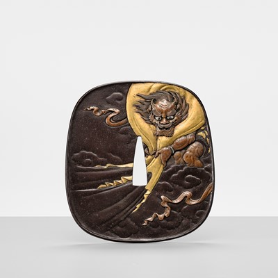 Lot 52 - TAKUGYOKUSAI SADAMITSU: A SUPERB IRON ‘FUJIN AND GEISHA’ TSUBA