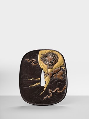 Lot 52 - TAKUGYOKUSAI SADAMITSU: A SUPERB IRON ‘FUJIN AND GEISHA’ TSUBA