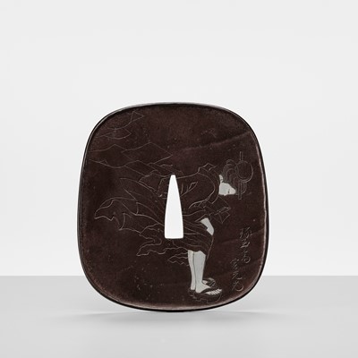 Lot 52 - TAKUGYOKUSAI SADAMITSU: A SUPERB IRON ‘FUJIN AND GEISHA’ TSUBA