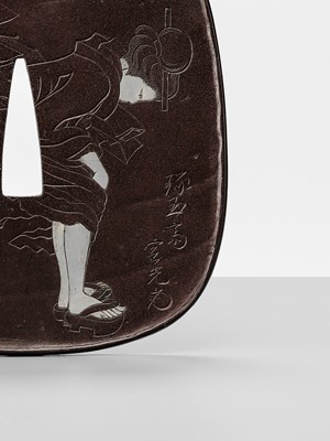 Lot 52 - TAKUGYOKUSAI SADAMITSU: A SUPERB IRON ‘FUJIN AND GEISHA’ TSUBA
