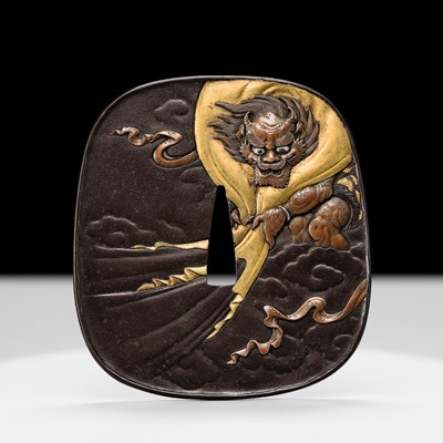 Lot 52 - TAKUGYOKUSAI SADAMITSU: A SUPERB IRON ‘FUJIN AND GEISHA’ TSUBA