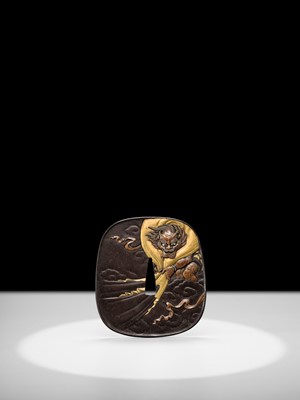 Lot 52 - TAKUGYOKUSAI SADAMITSU: A SUPERB IRON ‘FUJIN AND GEISHA’ TSUBA