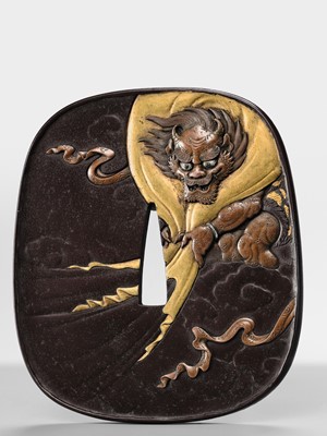 Lot 52 - TAKUGYOKUSAI SADAMITSU: A SUPERB IRON ‘FUJIN AND GEISHA’ TSUBA