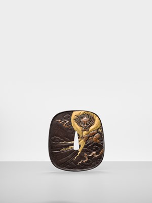 Lot 52 - TAKUGYOKUSAI SADAMITSU: A SUPERB IRON ‘FUJIN AND GEISHA’ TSUBA