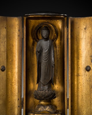 A LACQUER ZUSHI (PORTABLE SHRINE) CONTAINING AN EARLY WOOD FIGURE OF AMIDA NYORAI, HEIAN PERIOD