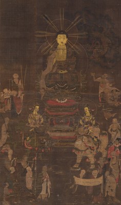 AN IMPRESSIVE BUDDHIST SCROLL PAINTING DEPICTING THE SHAKA TRIAD WITH THE SIXTEEN RAKAN, KAMAKURA PERIOD