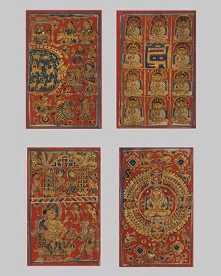 A SET OF FOUR ILLUSTRATED FOLIOS FROM A JAIN KALPASUTRA MANUSCRIPT, GUJARAT, 15TH CENTURY