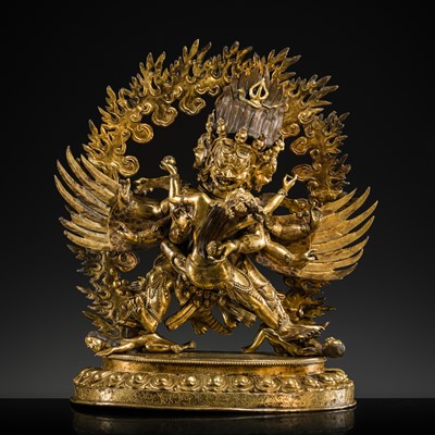 Lot 78 - A LARGE GILT-BRONZE FIGURE OF MAHOTTARA HERUKA, CHEMCHOG, TIBETAN-CHINESE, 20TH CENTURY